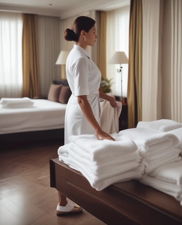 A laundry room featuring a series of large industrial washing and drying machines along a wall. The machines are metallic with blue trim and digital displays, suggesting they are coin-operated. A door is visible in the background. In the foreground, there is a metal laundry basket and a white cloth on a folding counter.
