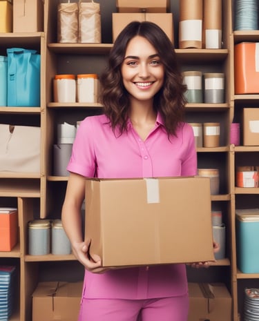 A spacious warehouse with tall shelves filled with various boxes and pallets. A yellow forklift is parked in the aisle, surrounded by organized inventory. The environment appears clean and well-lit, with items neatly stacked on metal racks.