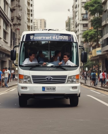 A tour bus promoting local attractions is driving along a street. The bus is mainly white, green, and orange with advertisements for local tours and a call to advertise on the vehicle. Inside, passengers can be seen seated, enjoying the ride. In the background, there are trees and a brick building with tall windows, giving a sense of an urban or historical area.