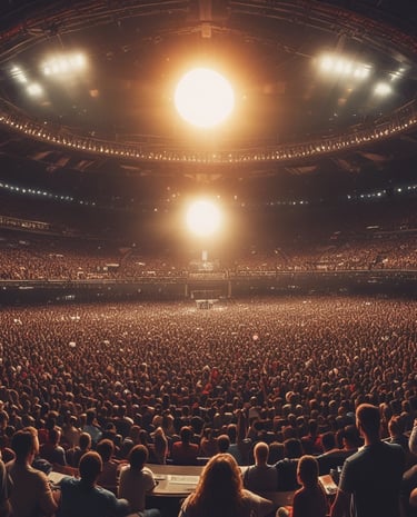 A church service or concert with a band performing on stage. The stage is illuminated with colorful lights and a prominent cross made of lights stands at the center. Musicians are playing instruments, including guitars and drums. The audience is seen sitting and standing, engaged with the performance.