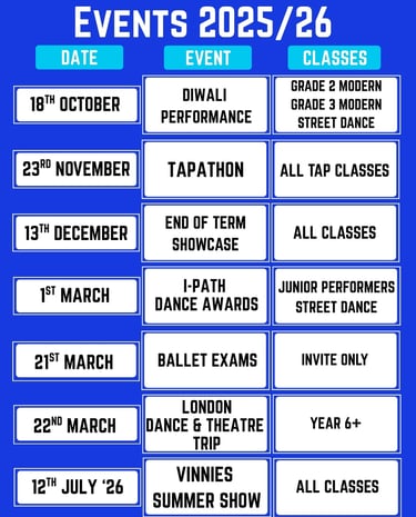 Schedule of dance school events for 2025 and 2026 including Exams, Tapathon, and Summer Show.