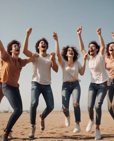 Several adults are gathered around a young girl, placing their hands gently on her shoulders in a supportive gesture. They seem to be outdoors, with trees and a small building visible in the background. The scene conveys a sense of care and community.