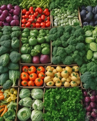 A market stall displays an assortment of fresh vegetables and fruits laid out on newspaper and cloth. The selection includes papayas, yams, sweet potatoes, cucumbers, green beans, peppers, and guavas. Brassware is arranged on one side. The person selling the goods is partially visible, wearing colorful traditional clothing.