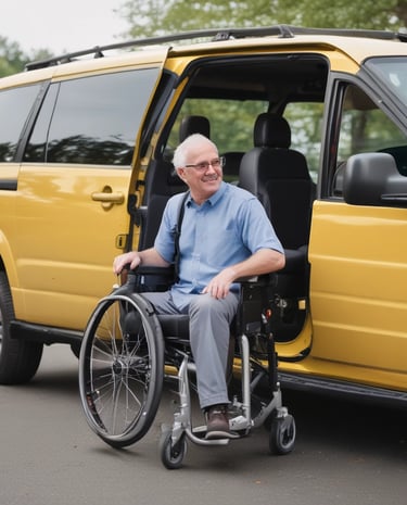 A wheelchair with large pneumatic wheels is positioned on a wooden deck next to a black garbage can. The wheelchair has a blue seat and backrest with gray metal frame. The deck is surrounded by a wooden fence, and there are leaves on the ground.