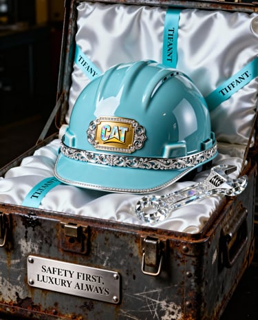 a jewel styled firefighter's helmet on a fancy suitcase