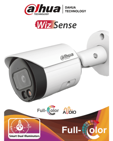 Dahua WizSense full-color outdoor security camera featuring smart dual illuminators and built-in audio.