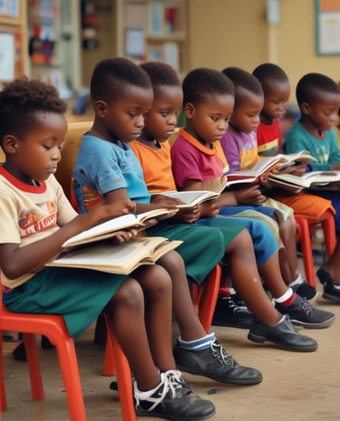 Children gathered around a table, happily learning and sharing stories in a warm classroom setting.