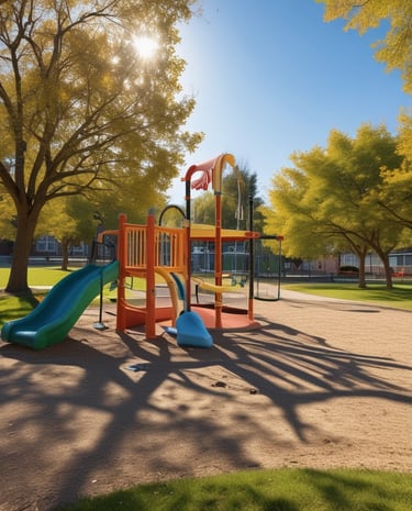 A peaceful schoolyard with green trees and children playing.