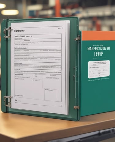 An organized binder labeled 'SOPs' sitting on a desk with a coffee cup nearby.