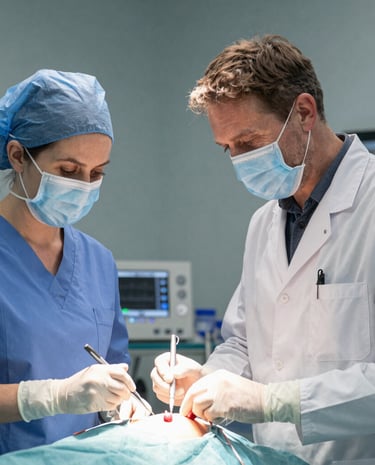 A doctor reviewing a patient chart thoughtfully, surrounded by medical tools.