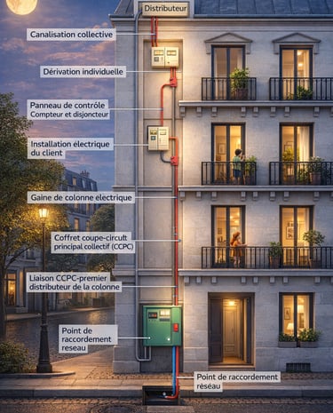 Diagram of a residential building electrical network installation with labeled French technical components.