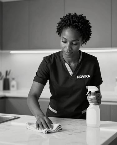 Close-up of a professional female cleaner polishing a glass surface with a soft cloth.