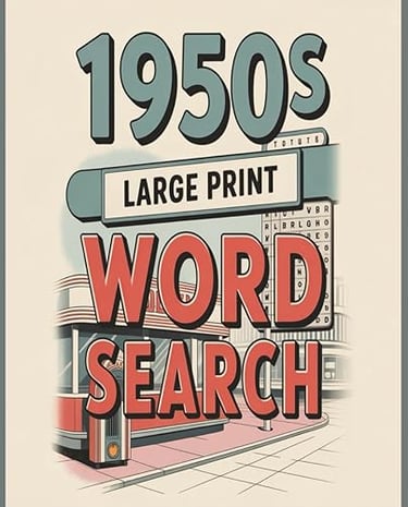 1950s Large Print Word Search book cover featuring nostalgic themed puzzles in large print