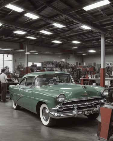 a man is standing in a garage with a car in the background