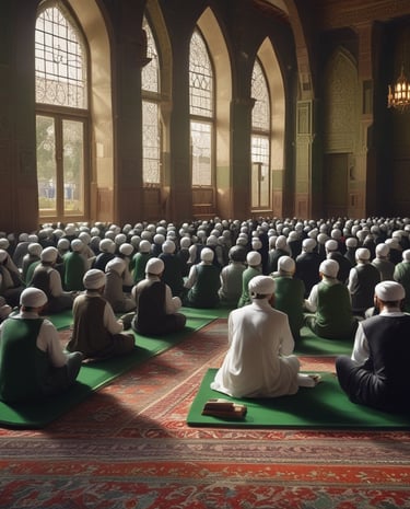 A community gathering in a green and white decorated hall for a spiritual seminar.