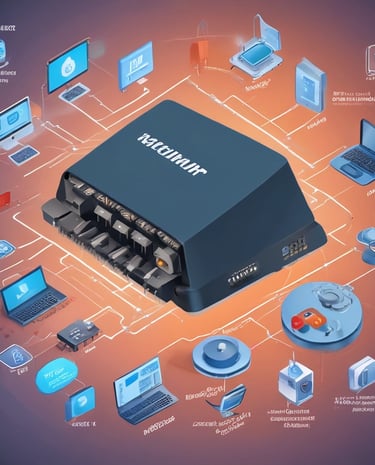 A diverse team collaborating in a modern office with advanced tech equipment.