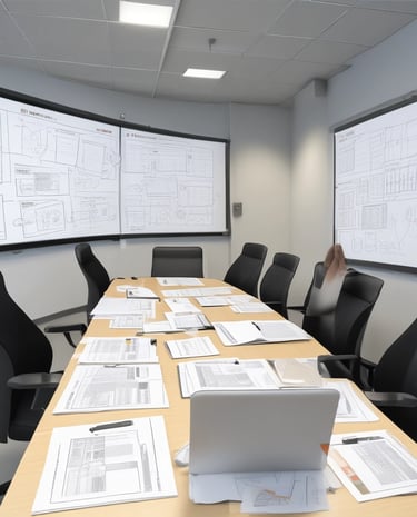 A diverse team collaborating in a modern office with advanced tech equipment.