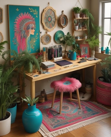 A cozy corner with Japanese-inspired decor and warm lighting inviting creativity.