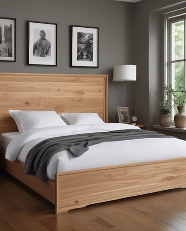 a bed with a wooden bed frame and a bed with a blanket