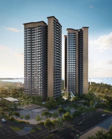 Modern luxury high-rise condominium towers overlooking a scenic coastal park and ocean skyline.