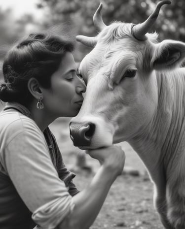A happy family interacting with a cow on the farm, highlighting the bond and care.