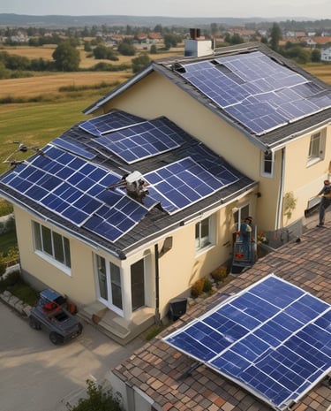 Close-up of solar panels being installed on a rooftop under clear skies.