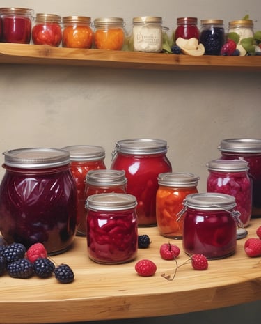 Elegant jars of jam lined up on a shelf with earth tone labels and green olive accents.