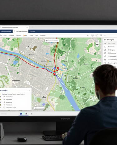 Engineers discussing plans near municipal infrastructure models in an office setting.