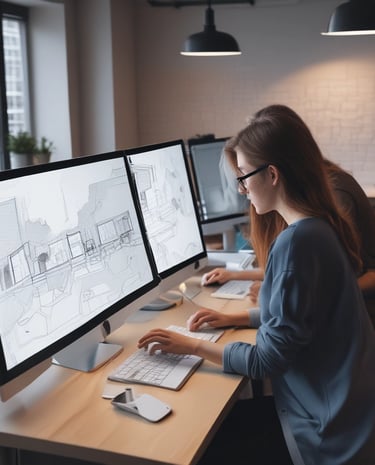 Creative brainstorming session with colorful sticky notes and digital mockups displayed on a screen.