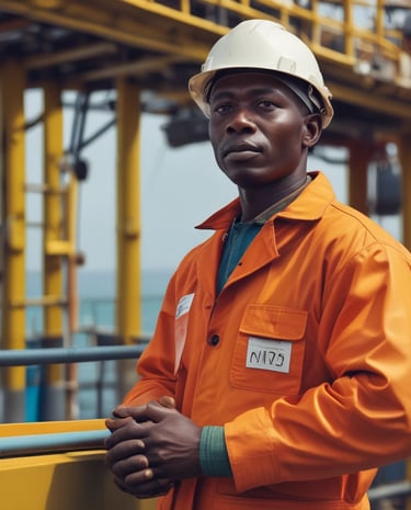 A diverse group of offshore employees smiling and working together on a platform.