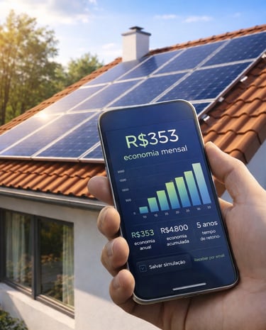 Simulação de economia de energia solar no celular mostrando R$353 por mês em casa com painéis solare
