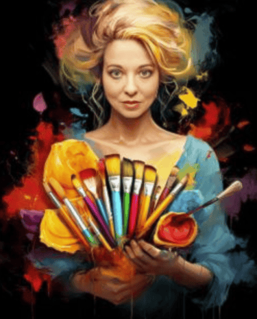 Empowered woman holding paintbrushes and tools, representing creative transformation.