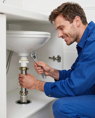 Smiling technician ready to assist with plumbing services in Bekasi area.