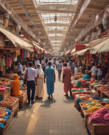 The bustling Rond Point Deido in Douala, showcasing daily life and commerce.