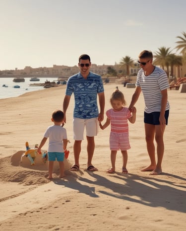 A smiling family enjoying a sunny day by the marina in El Gouna.