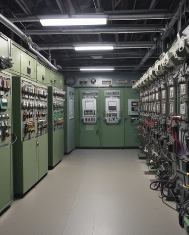 Team of electricians collaborating on a large electrical installation outdoors.