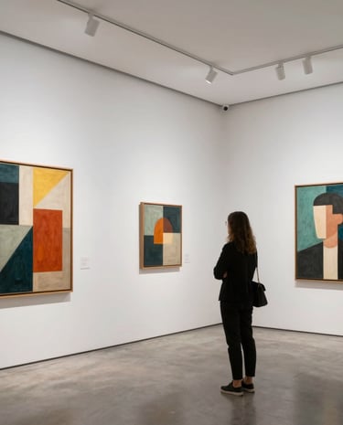 Visitors engaging thoughtfully with contemporary artworks during an exhibition.