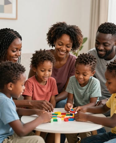 Smiling parents and children exploring Korede International toys together in a cozy home setting.