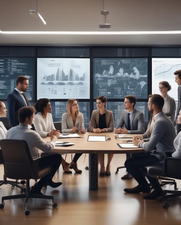 A modern office space with team members discussing strategy over coffee.