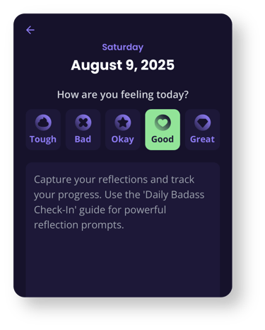 Badass Man Action App daily check-in screen asking how you feel with options from tough to great