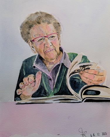 Oma portret voor verjaardag of herinnering met zachtheid overgebracht naar het aquarel portret. 
