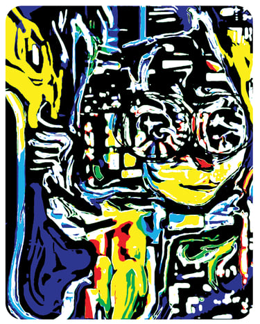 Pop art of cartoon cat with big eyes dancing.