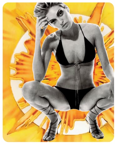 Pop art of 90's model in black bikini and high heeled gladiator sandals with starburst in background