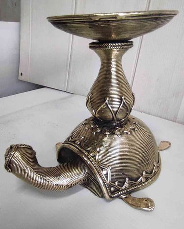 "Handcrafted brass turtle sculpture with back-mounted light holder, left side view-Meant for export"