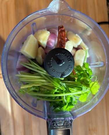 ingredients for flavour base for Burmese chicken curry with tumeric and sweet potatoes