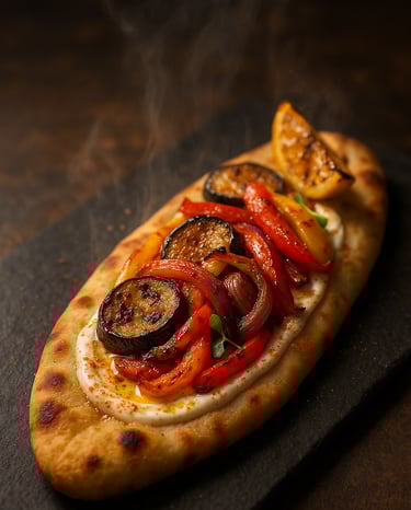 a wholewheat flatbread crust and smoked vegetables on a black surface