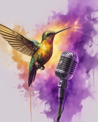 Professional condenser microphone set against a backdrop of vibrant purple and orange swirling smoke.