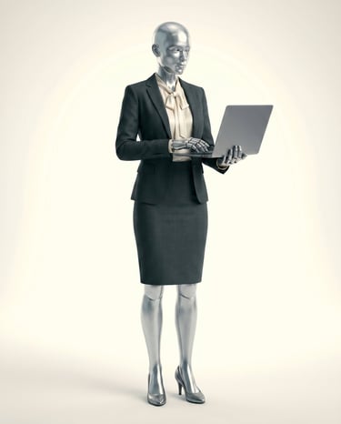 Silver female humanoid robot wearing a professional business suit using a laptop for artificial intelligence data analysis.