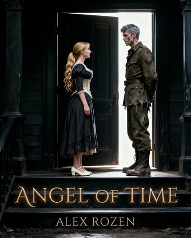 Angel of Time book cover. Woman and man stand before open door.