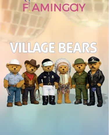 a group of teddy bears with a banner that says village bears